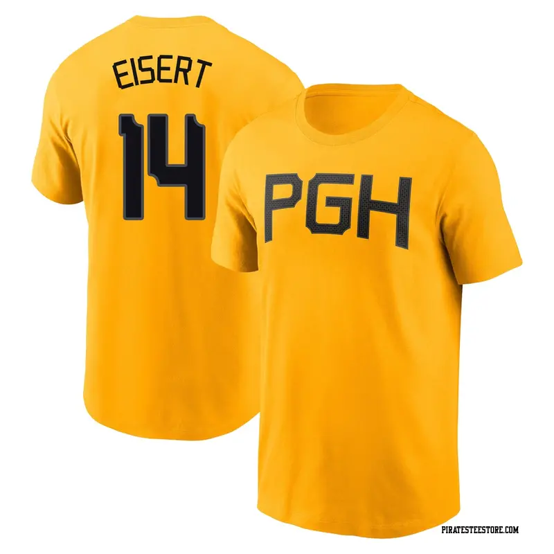 Men's Pittsburgh Pirates ＃14 Brandon Eisert Gold 2023 City Connect Name & Number T-Shirt