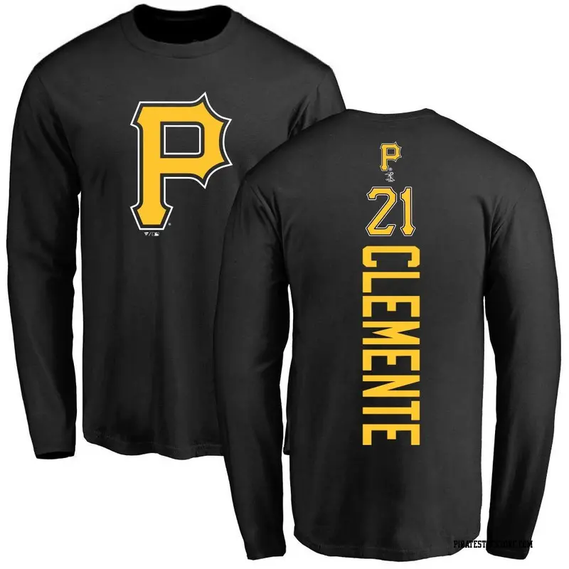 Men's Pittsburgh Pirates ＃21 Roberto Clemente Black Backer Long Sleeve T-Shirt