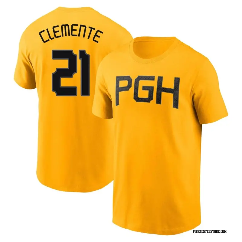 Men's Pittsburgh Pirates ＃21 Roberto Clemente Gold 2023 City Connect Name & Number T-Shirt
