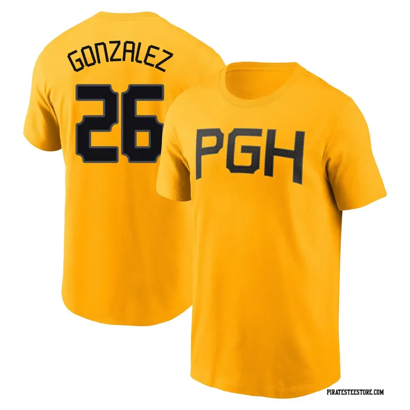 Men's Pittsburgh Pirates ＃26 Jacob Gonzalez Gold 2023 City Connect Name & Number T-Shirt
