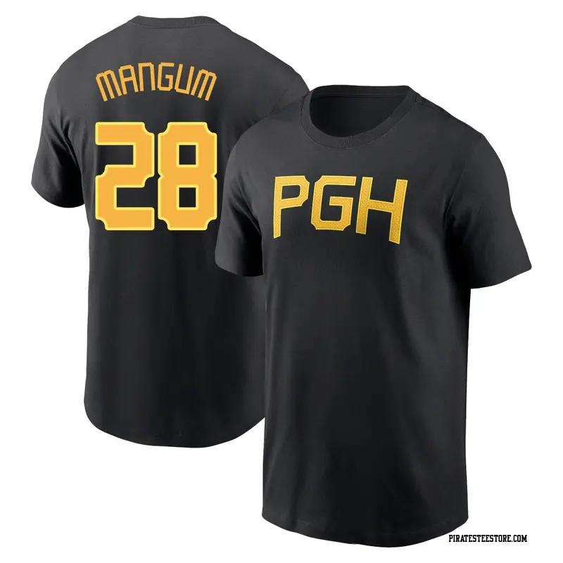 Men's Pittsburgh Pirates ＃28 Jake Mangum Black 2023 City Connect Wordmark Name & Number T-Shirt