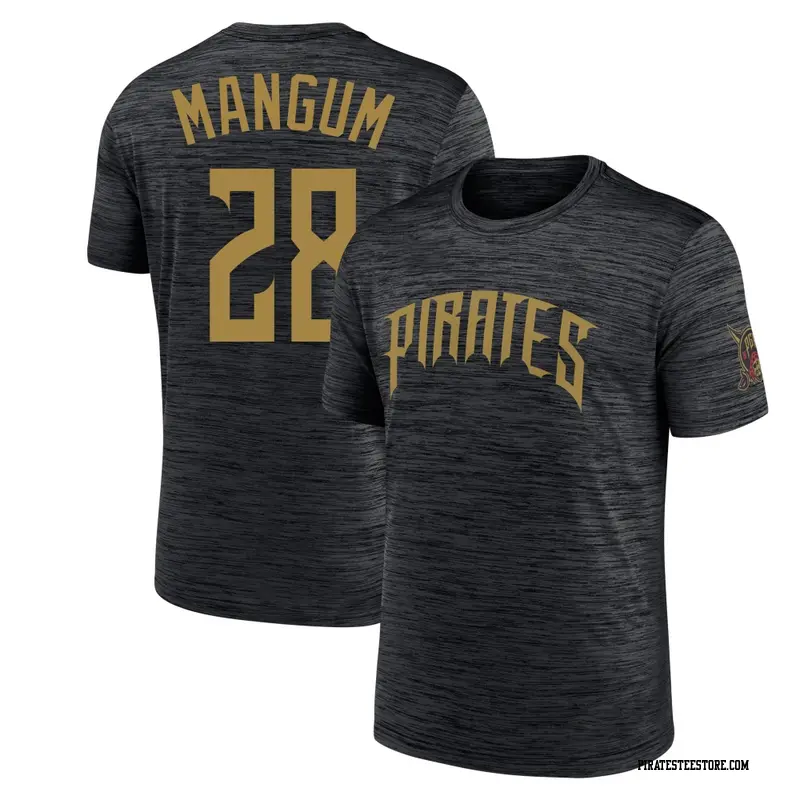 Men's Pittsburgh Pirates ＃28 Jake Mangum Black 2026 City Connect Game Day Velocity Name & Number T-Shirt