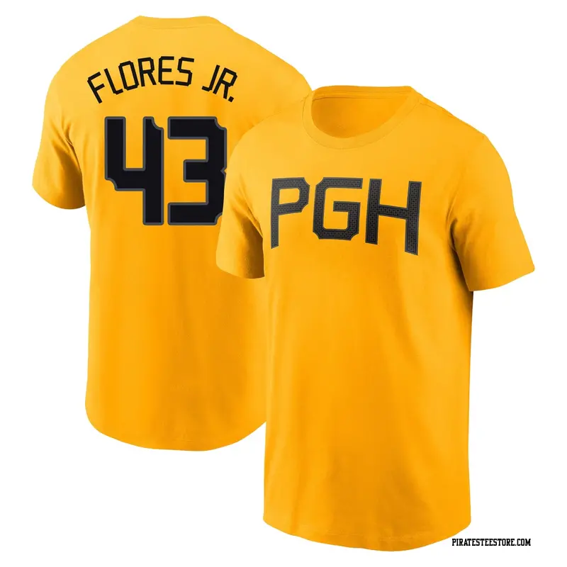 Men's Pittsburgh Pirates ＃43 Rafael Flores Jr. Gold 2023 City Connect Name & Number T-Shirt