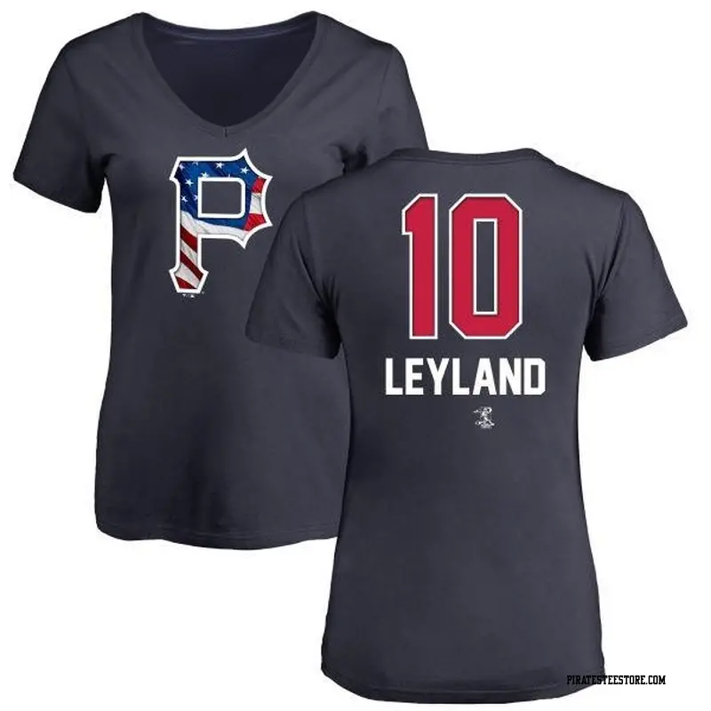 Women's Pittsburgh Pirates ＃10 Jim Leyland Navy Branded Name and Number Banner Wave V-Neck T-Shirt