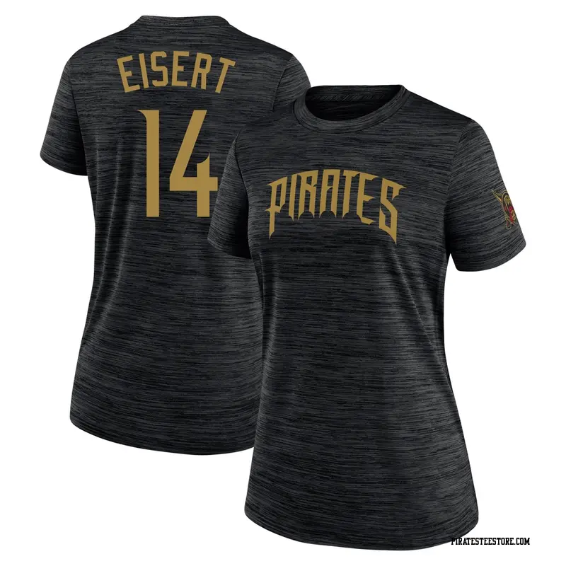 Women's Pittsburgh Pirates ＃14 Brandon Eisert Black 2026 City Connect Game Day Velocity Name & Number T-Shirt