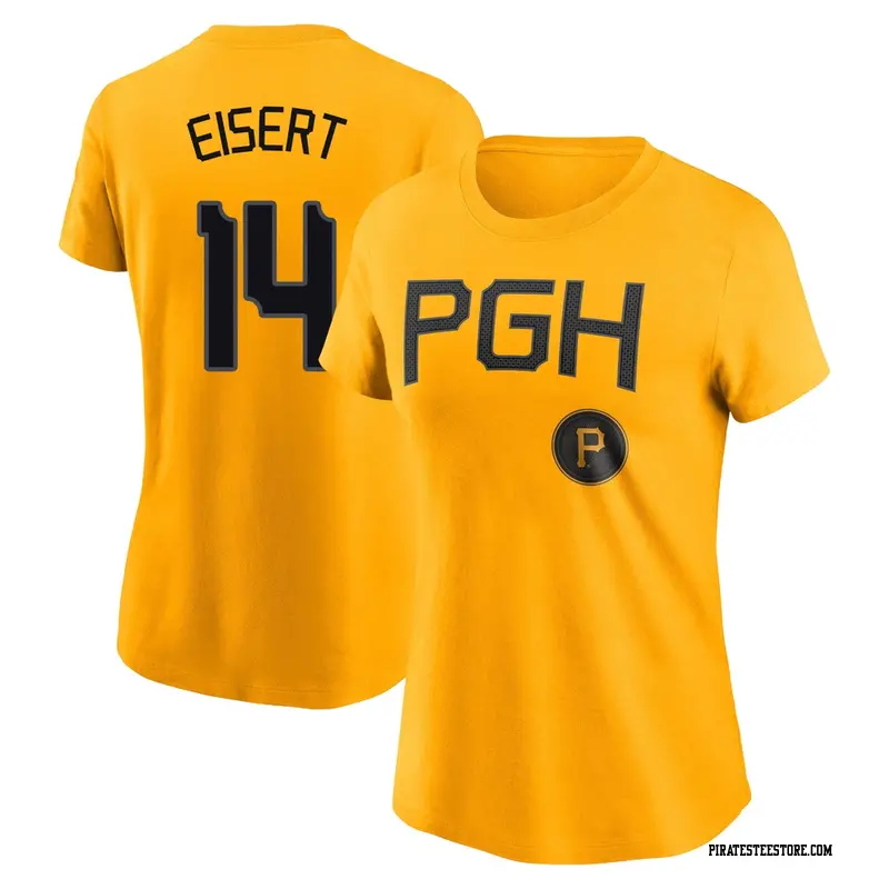 Women's Pittsburgh Pirates ＃14 Brandon Eisert Gold 2023 City Connect Name & Number T-Shirt