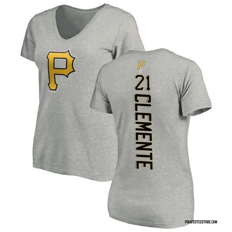 Women's Pittsburgh Pirates ＃21 Roberto Clemente Ash Backer Slim Fit T-Shirt