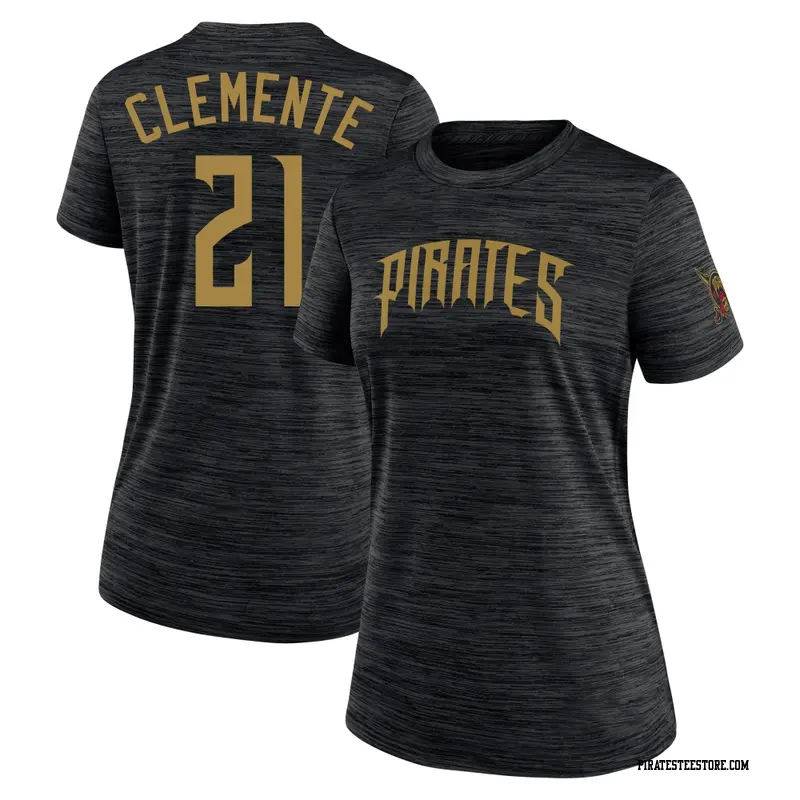 Women's Pittsburgh Pirates ＃21 Roberto Clemente Black 2026 City Connect Game Day Velocity Name & Number T-Shirt
