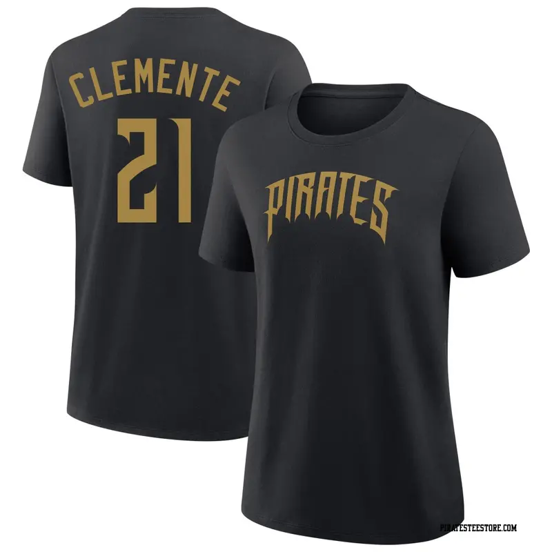Women's Pittsburgh Pirates ＃21 Roberto Clemente Black 2026 City Connect Name & Number T-Shirt