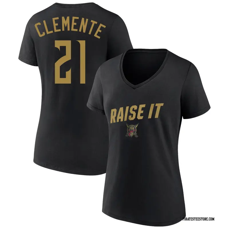 Women's Pittsburgh Pirates ＃21 Roberto Clemente Black 2026 City Connect Team Phrase Script Name & Number T-Shirt