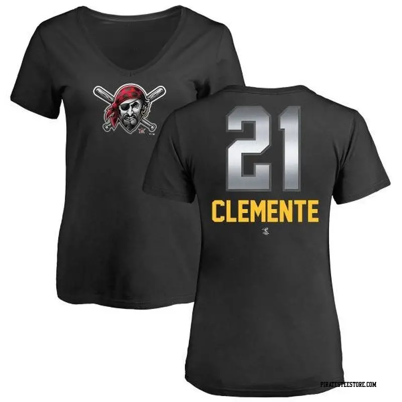 Women's Pittsburgh Pirates ＃21 Roberto Clemente Black Branded Midnight Mascot V-Neck T-Shirt