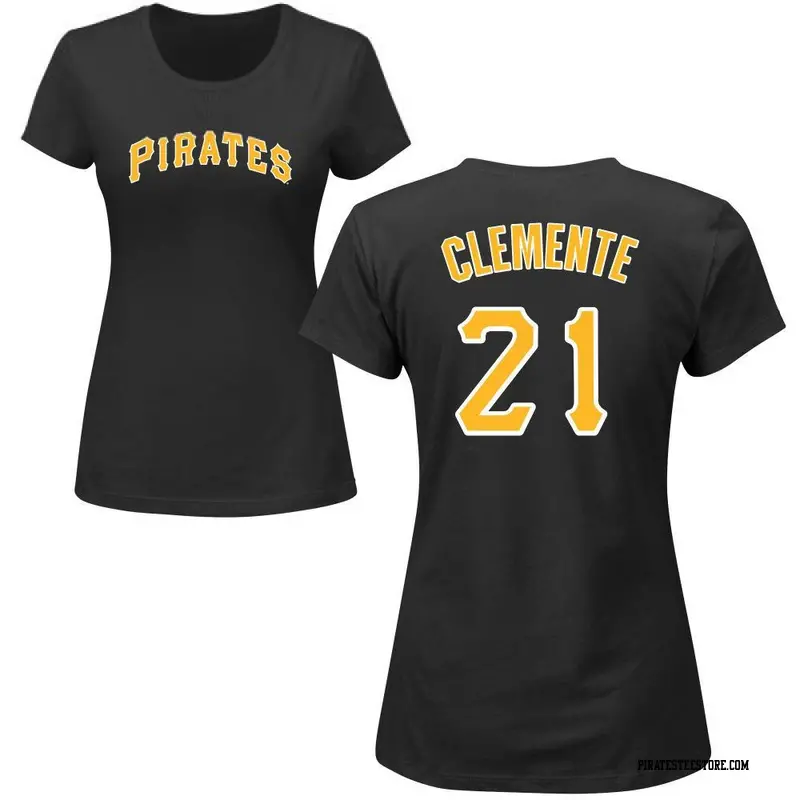 Women's Pittsburgh Pirates ＃21 Roberto Clemente Black Roster Name & Number T-Shirt