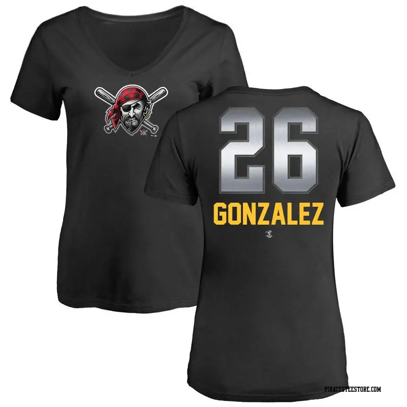 Women's Pittsburgh Pirates ＃26 Jacob Gonzalez Black Midnight Mascot V-Neck T-Shirt