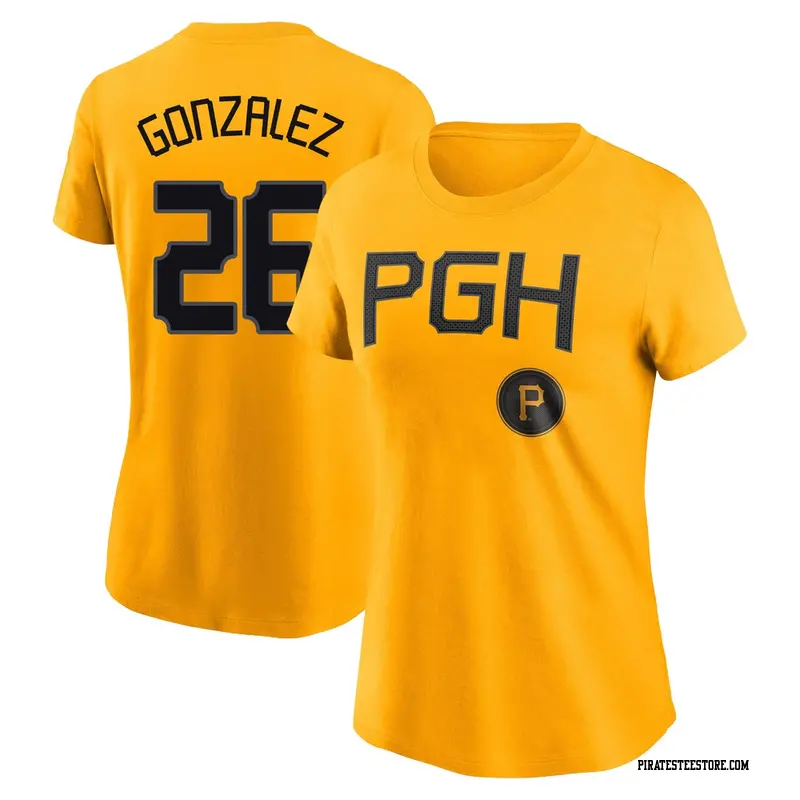 Women's Pittsburgh Pirates ＃26 Jacob Gonzalez Gold 2023 City Connect Name & Number T-Shirt