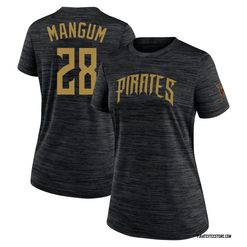 Women's Pittsburgh Pirates ＃28 Jake Mangum Black 2026 City Connect Game Day Velocity Name & Number T-Shirt