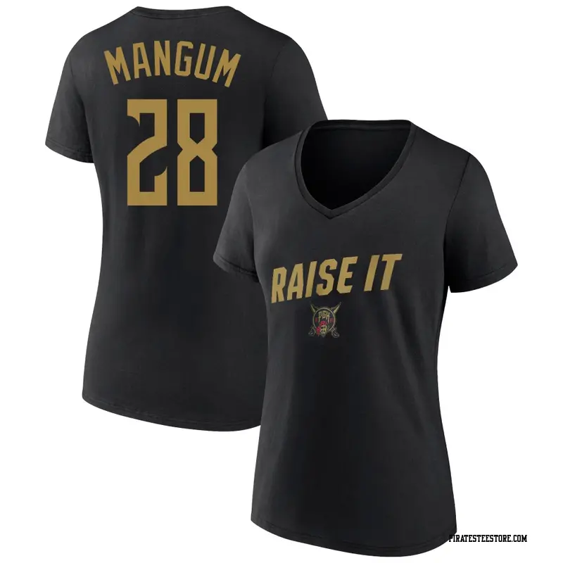 Women's Pittsburgh Pirates ＃28 Jake Mangum Black 2026 City Connect Team Phrase Script Name & Number T-Shirt