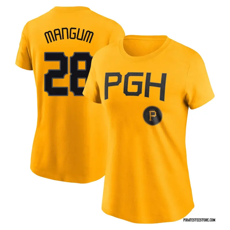 Women's Pittsburgh Pirates ＃28 Jake Mangum Gold 2023 City Connect Name & Number T-Shirt