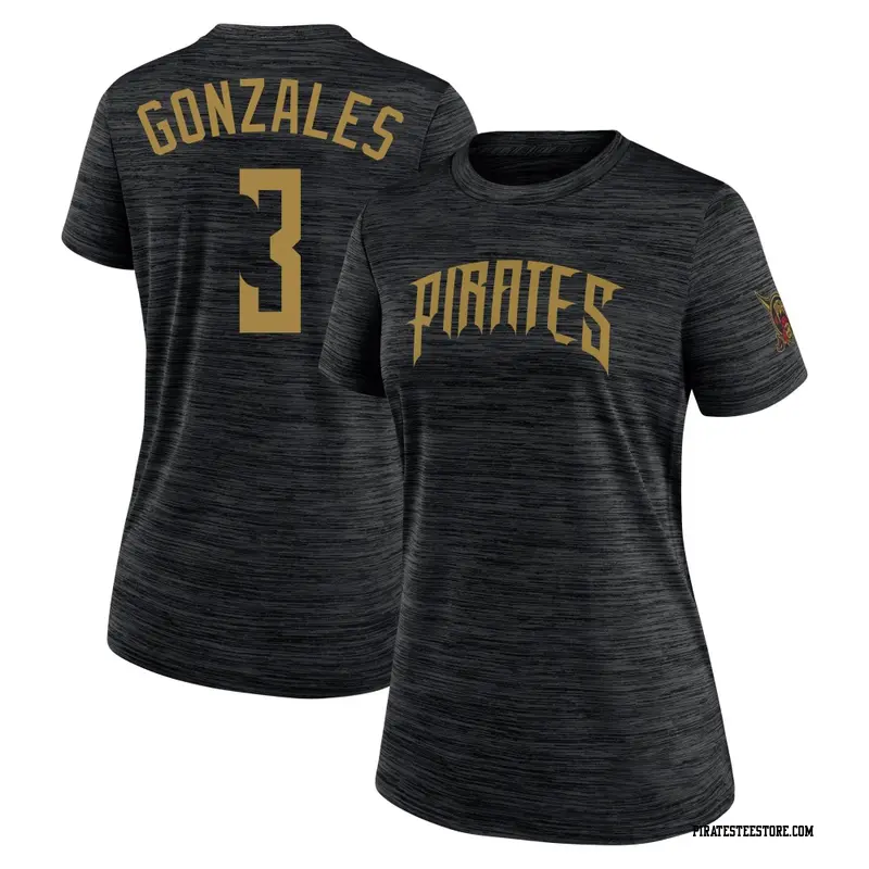 Women's Pittsburgh Pirates ＃3 Nick Gonzales Black 2026 City Connect Game Day Velocity Name & Number T-Shirt