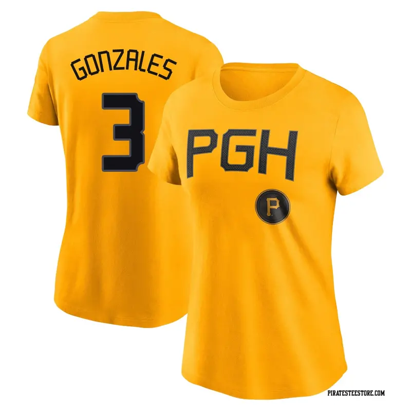 Women's Pittsburgh Pirates ＃3 Nick Gonzales Gold 2023 City Connect Name & Number T-Shirt