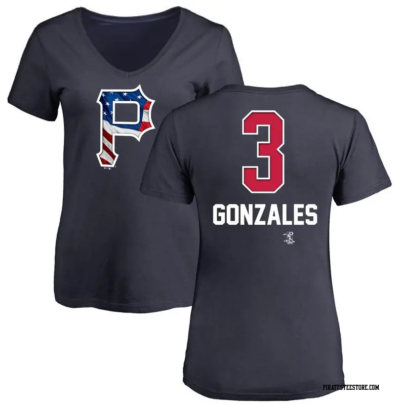 Women's Pittsburgh Pirates ＃3 Nick Gonzales Navy Name and Number Banner Wave V-Neck T-Shirt
