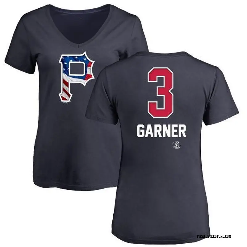 Women's Pittsburgh Pirates ＃3 Phil Garner Navy Branded Name and Number Banner Wave V-Neck T-Shirt