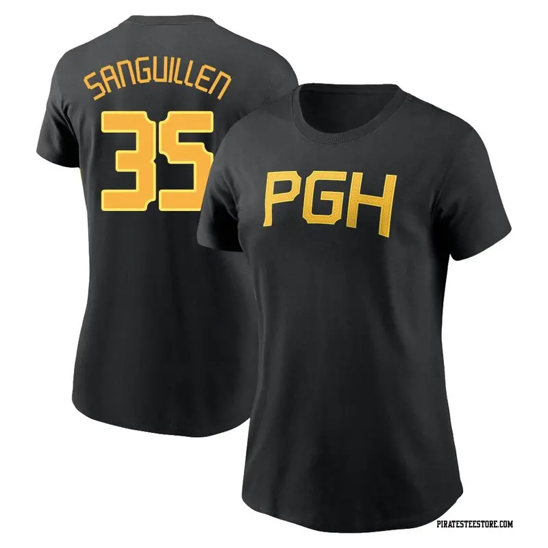 Women's Pittsburgh Pirates ＃35 Manny Sanguillen Black 2023 City Connect Wordmark Name & Number T-Shirt