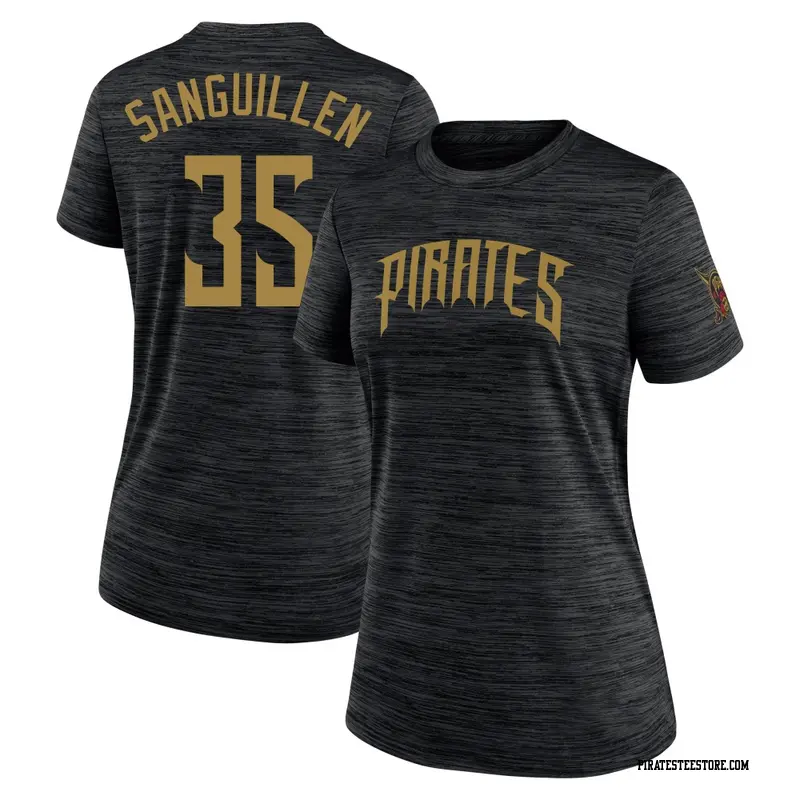 Women's Pittsburgh Pirates ＃35 Manny Sanguillen Black 2026 City Connect Game Day Velocity Name & Number T-Shirt