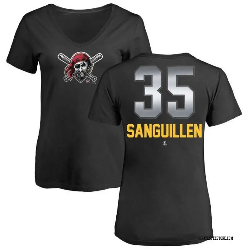 Women's Pittsburgh Pirates ＃35 Manny Sanguillen Black Branded Midnight Mascot V-Neck T-Shirt