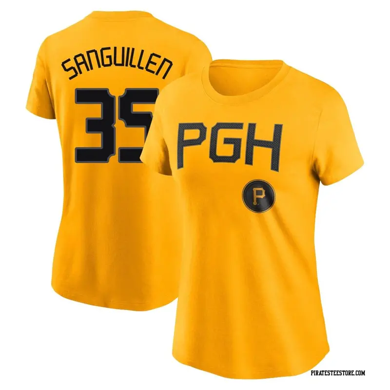 Women's Pittsburgh Pirates ＃35 Manny Sanguillen Gold 2023 City Connect Name & Number T-Shirt