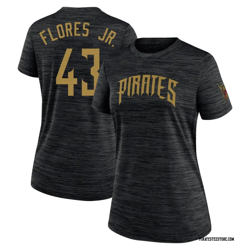 Women's Pittsburgh Pirates ＃43 Rafael Flores Jr. Black 2026 City Connect Game Day Velocity Name & Number T-Shirt