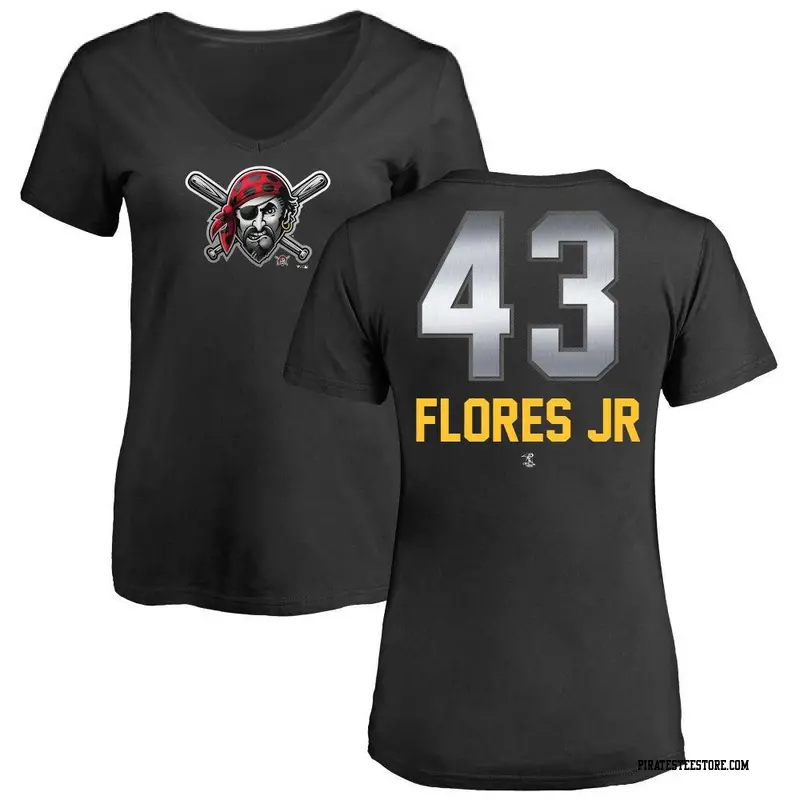 Women's Pittsburgh Pirates ＃43 Rafael Flores Jr. Black Midnight Mascot V-Neck T-Shirt