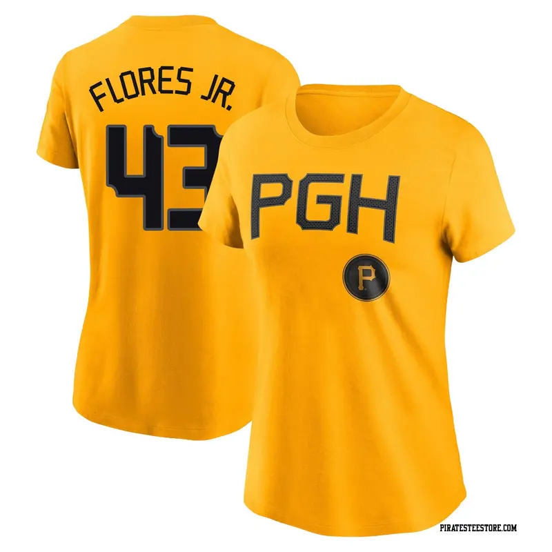 Women's Pittsburgh Pirates ＃43 Rafael Flores Jr. Gold 2023 City Connect Name & Number T-Shirt