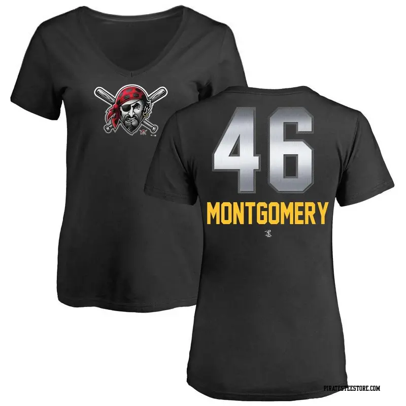 Women's Pittsburgh Pirates ＃46 Mason Montgomery Black Midnight Mascot V-Neck T-Shirt