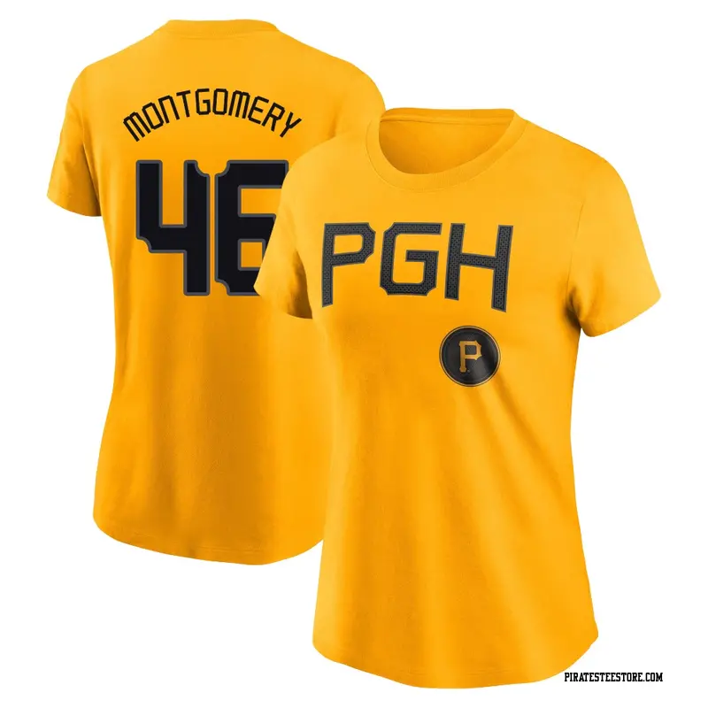 Women's Pittsburgh Pirates ＃46 Mason Montgomery Gold 2023 City Connect Name & Number T-Shirt