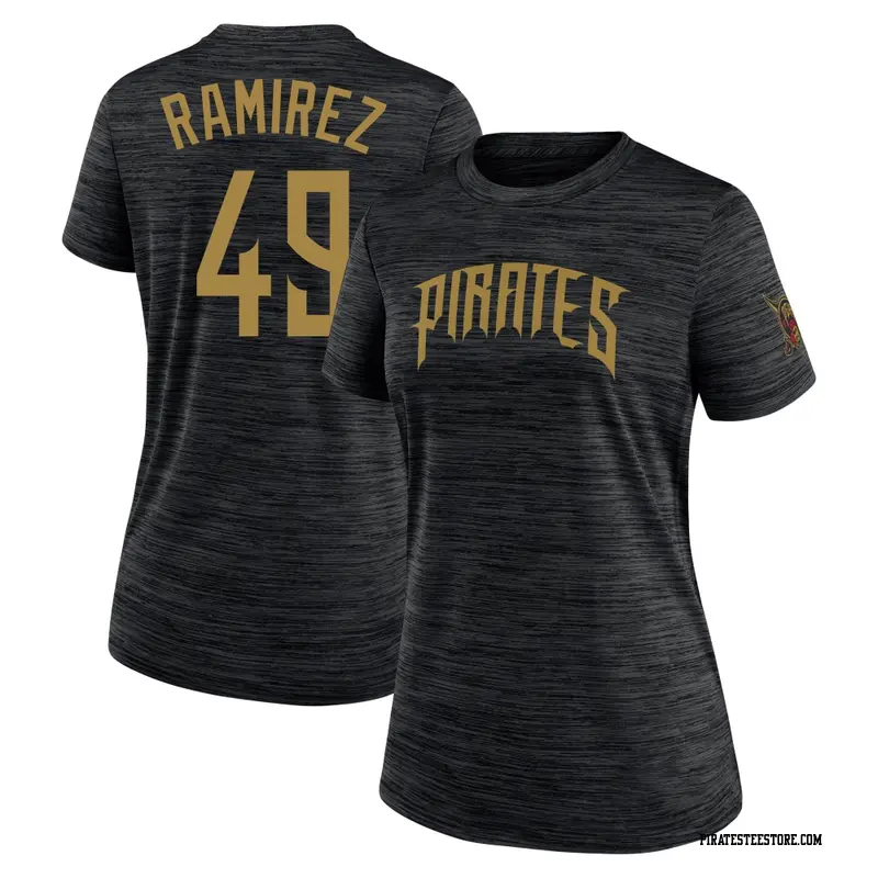 Women's Pittsburgh Pirates ＃49 Yohan Ramirez Black 2026 City Connect Game Day Velocity Name & Number T-Shirt