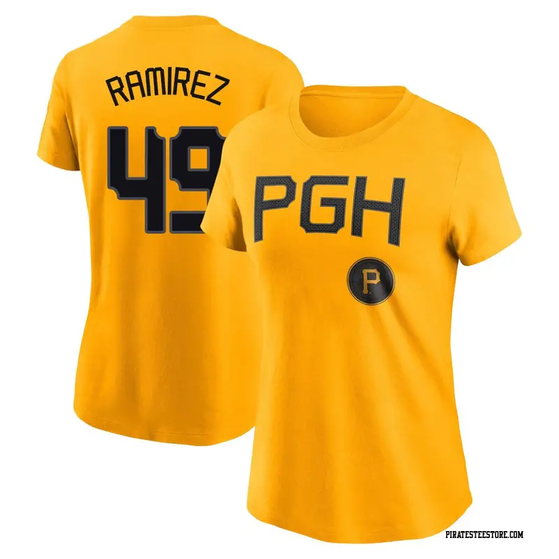 Women's Pittsburgh Pirates ＃49 Yohan Ramirez Gold 2023 City Connect Name & Number T-Shirt