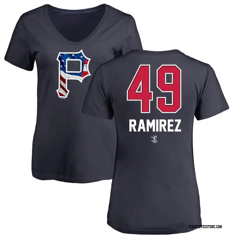 Women's Pittsburgh Pirates ＃49 Yohan Ramirez Navy Name and Number Banner Wave V-Neck T-Shirt