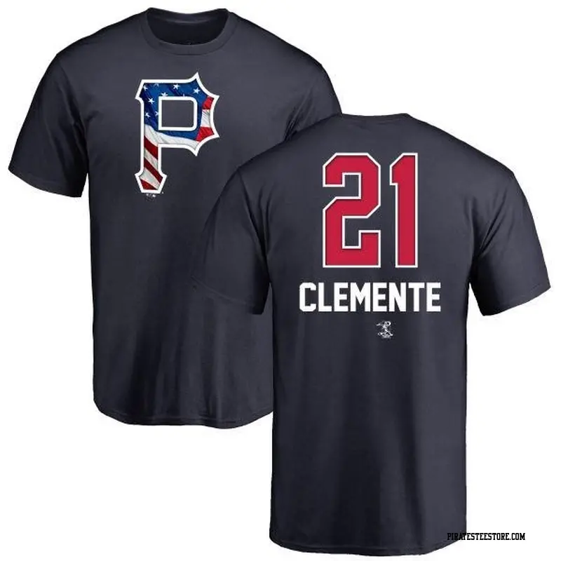 Youth Pittsburgh Pirates ＃21 Roberto Clemente Navy Branded Name and Number Banner Wave T-Shirt